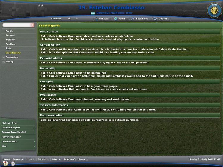 Football Manager 2007 showing the profile of Esteban Cambiasso