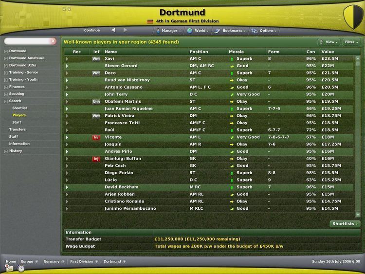 Football Manager 2007 showing the Dortmund player's name, their position, morale, form, con, and value