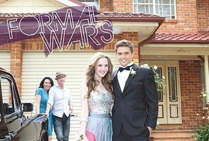 Two men and women smiling and wearing formal attire in front of a big house in a reality TV series Formal Wars (2013)