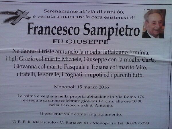 Francesco Sampietro Necrologio del giorno FRANCESCO SAMPIETRO 88 anni The Monopoli