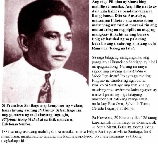 On the upper left corner, Francisco Santiago looking at something with a serious face while wearing a white long sleeve and brown necktie while on the lower left and right side is an article about him written in the Filipino language