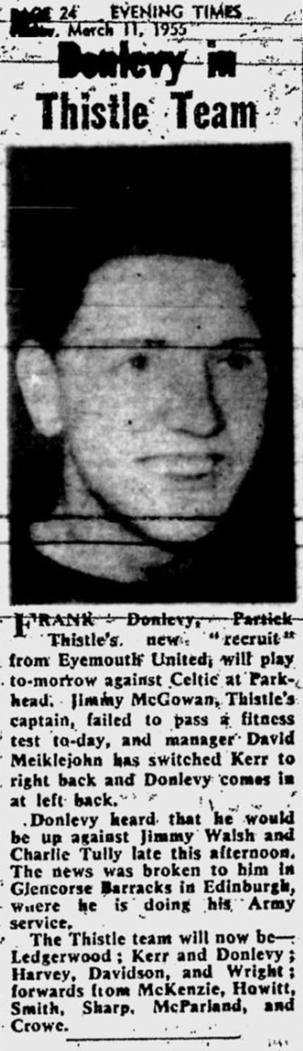 Frank Donlevy 1955 Frank Donlevy Debut Photo The Partick Thistle History Archive