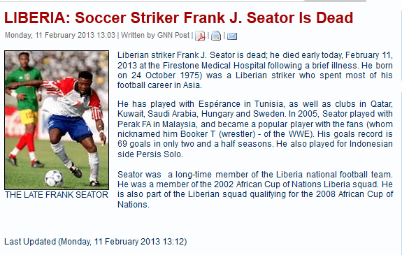 Frank Seator Frank Seator dies reports GNN Liberia Astro Awani