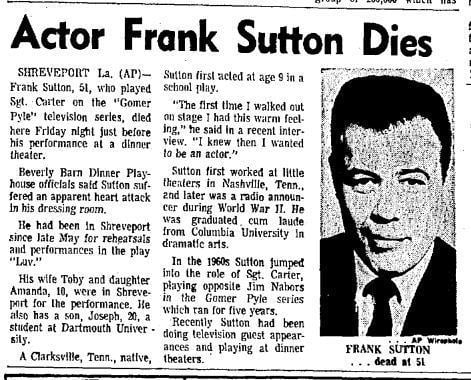 A newspaper clip report regarding the death of Frank Sutton at the age of 51 in 1974 detailing his life.