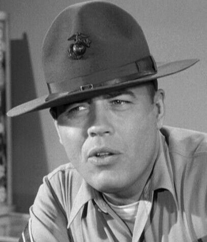 Frank Sutton as Sgt. Vince Carter wearing a Sergeants hat during a scene in Gomer Pyle, U.S.M.C., 1964.