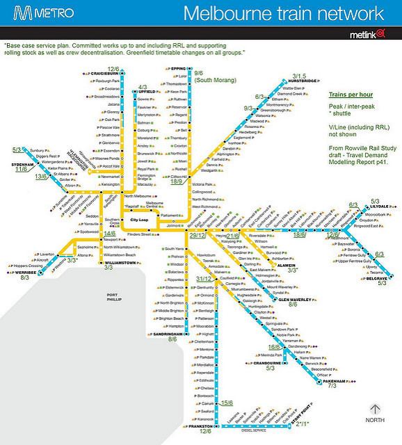 Melbourne train network route map. Yellow is for Zone 1 and blue is for Zone 2