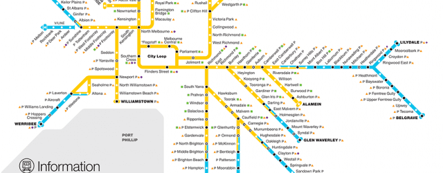 Melbourne train network route map. Yellow is for Zone 1 and blue is for Zone 2