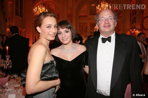 Kristin Scott Thomas and her ex-husband Francois Olivennes smiling with Hannah Olivennes at the Hotel de Crillon in Paris, France