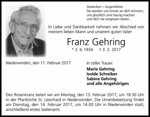 Franz Gehring Franz Gehring Trauer Traueranzeigen Nachrufe badischezeitungde