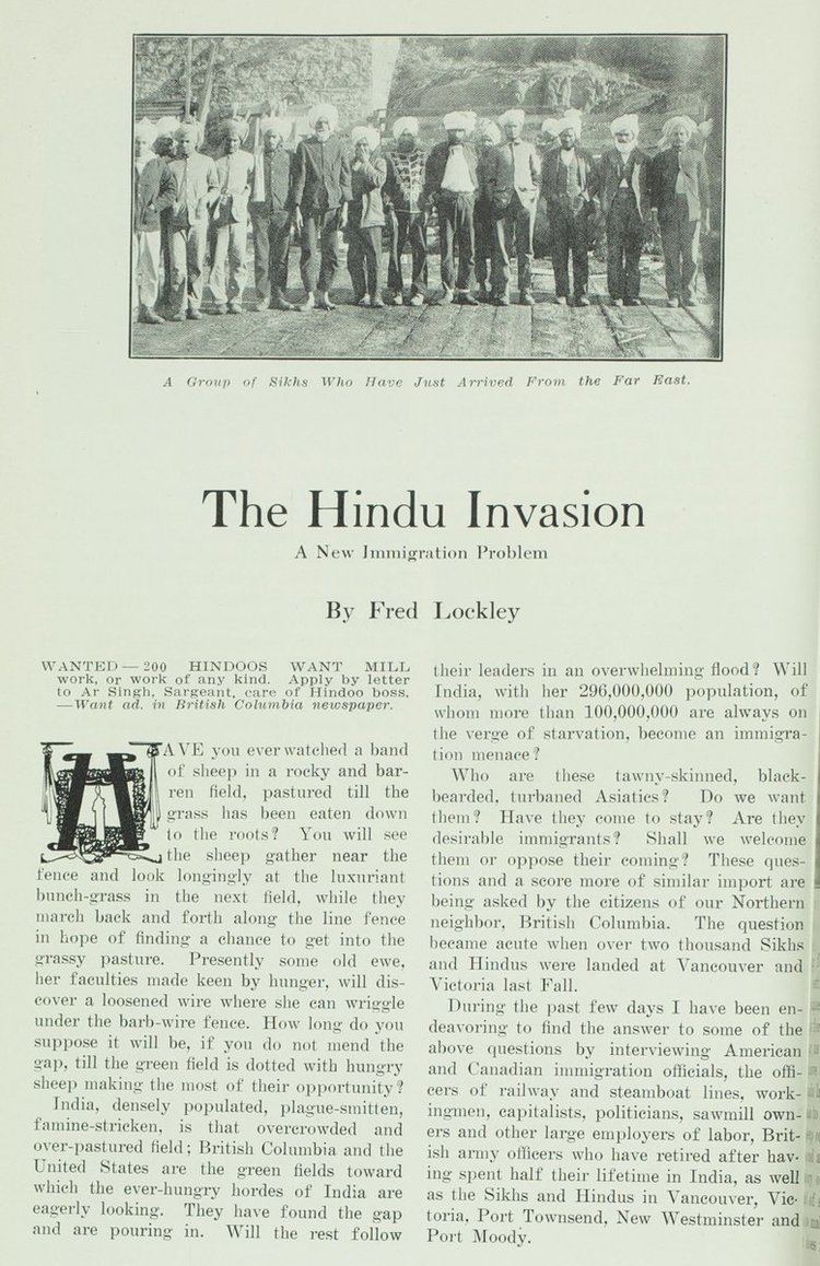 Fred Lockley Fred Lockley The Hindu Invasion A New Immigration Problem 1907