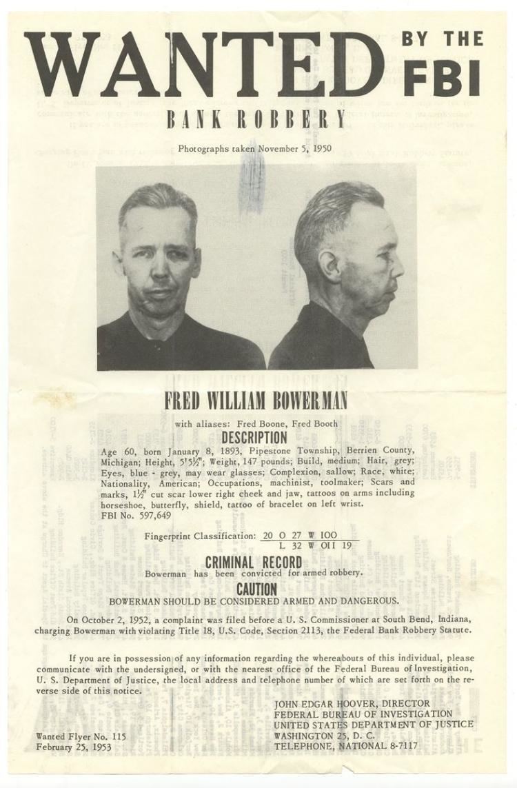 Fred William Bowerman Fred William Bowerman American Bank Robber Vintage FBI Wanted