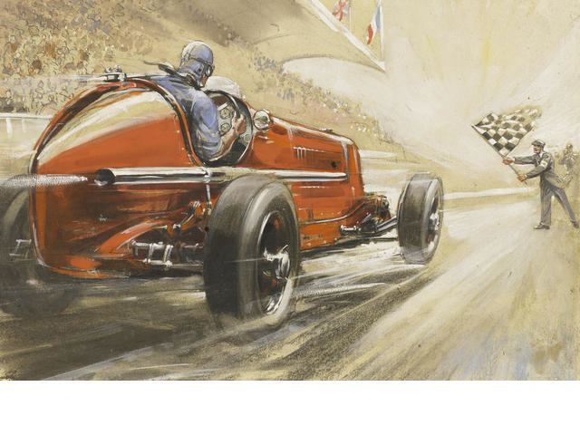 Frederick Gordon Crosby Frederick Gordon Crosby First to the Flag 1937 Race car art