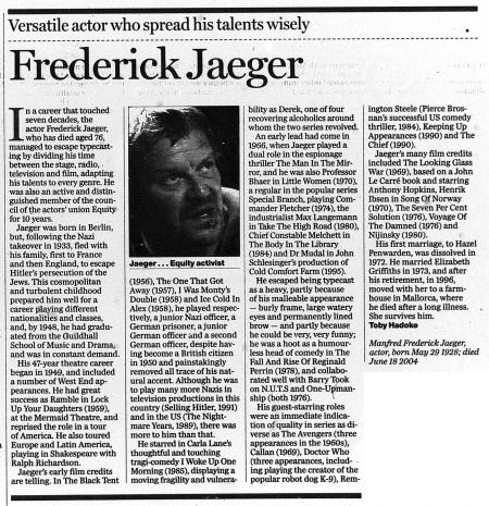 Frederick Jaeger Frederick Jaeger obituary The Doctor Who Cuttings Archive