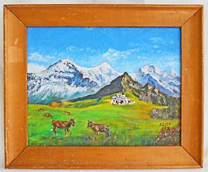 Fredy Sigg Fredy Sigg Original Painting Vintage 1982 Swiss Alps Cows Pasture