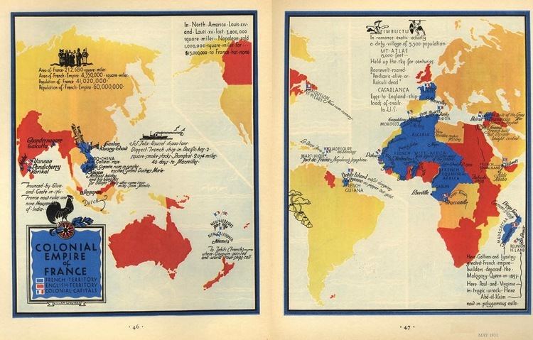 Colonial Empire of France in 1931. French empire in blue and British empire in red