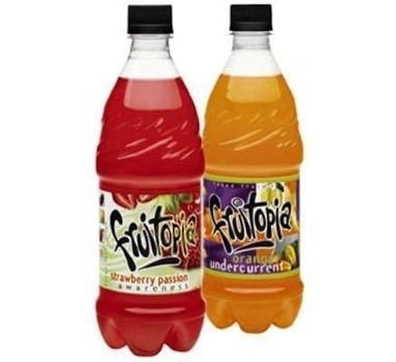 Two Fruitopia in plastic bottles, orange and strawberry flavors