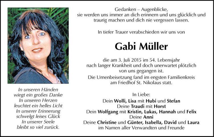 Gabi Müller Traueranzeige von Gabi Mller vom 11072015