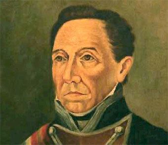 Portrait of Gabino Gainza wearing a military uniform, a black long sleeves, and a red sash