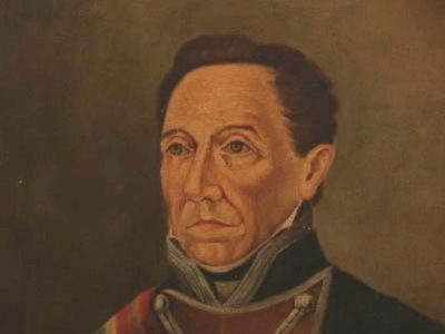 Portrait of Gabino Gainza wearing a military uniform, a black long sleeves, and a red sash
