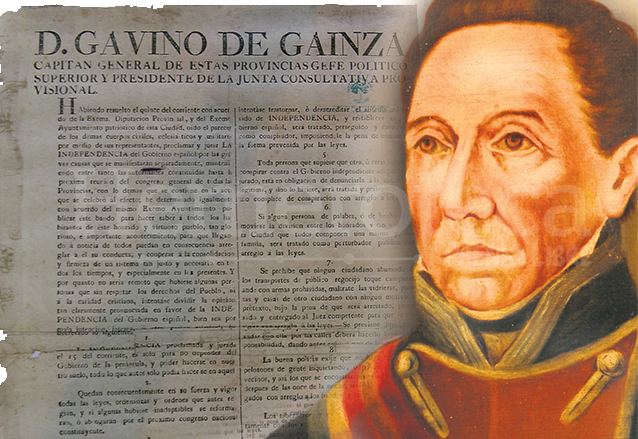 On the left, an article about Gabino Gainza while on the right, his portrait wearing military uniform black long sleeves and red sash