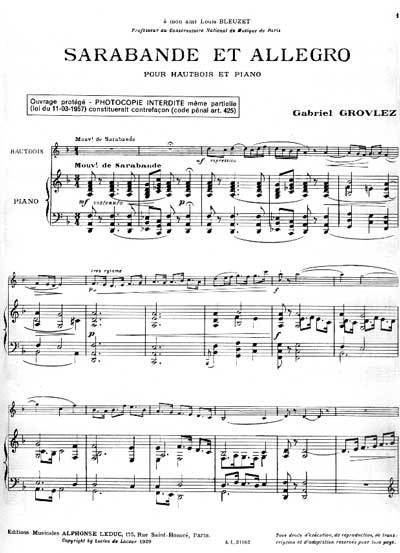 Gabriel Grovlez Sheet music for oboe Gabriel Grovlez Sarabande et Allegro
