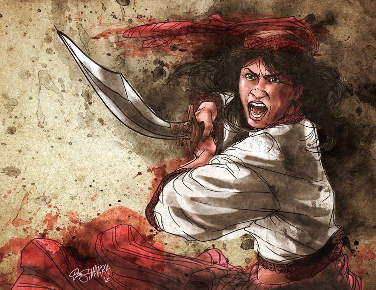 An artists rendition of Gabriela Silang in battle holding a sword and wearing a white shirt and a red skirt.