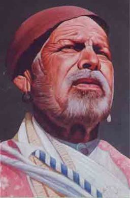 Gadge Maharaj looks serious with a grey beard while wearing earrings and an upturned eating pan on his head, traditional Indian clothing