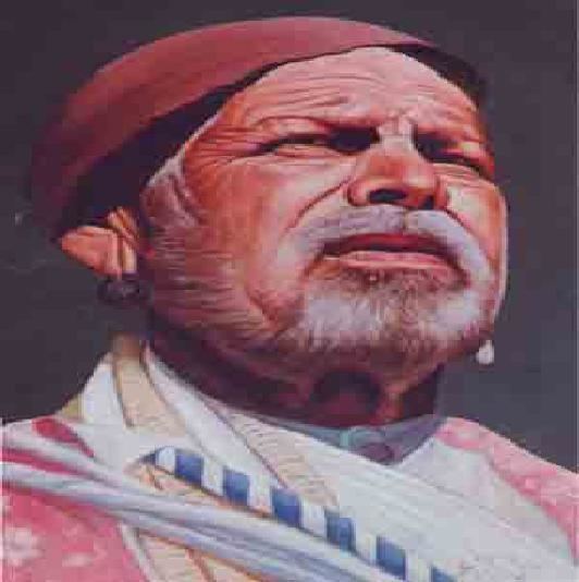 Gadge Maharaj looks serious with a grey beard while wearing earrings and an upturned eating pan on his head, traditional Indian clothing
