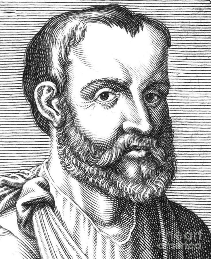 A portrait of Galen a Greek Physician And Philosopher by Science Source, Galen is serious, has black hair beard and mustache wearing a white top and white cloth