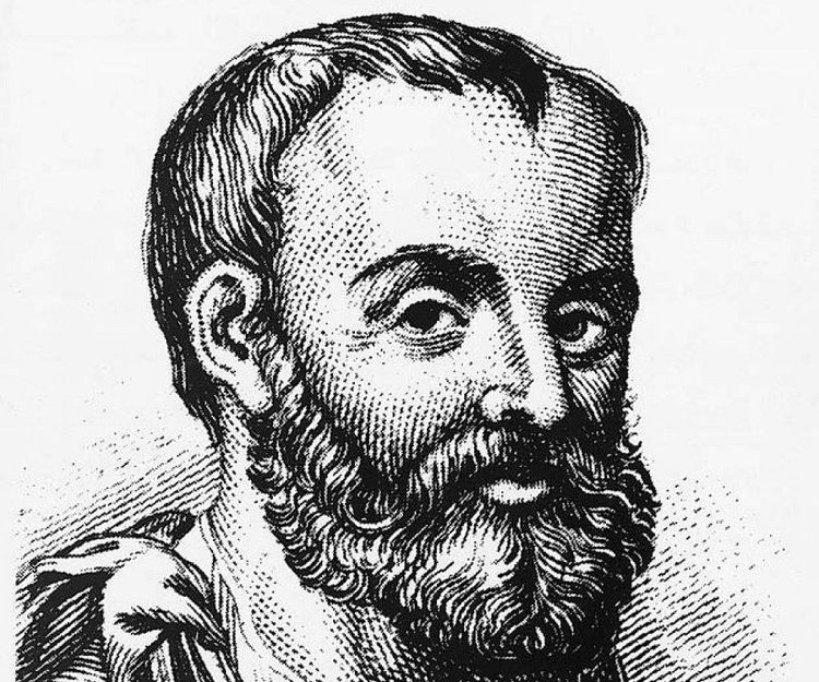 A portrait of Galen a Greek Physician And Philosopher by Science Source, Galen is serious, has black hair beard and mustache wearing a white top and white cloth