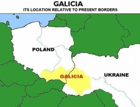 The location of Galicia between the border of Poland and Ukraine