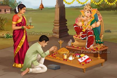 An illustration of Ganesh Chaturthi celebrated by a couple offering food and other things as well as praying to Ganesh.