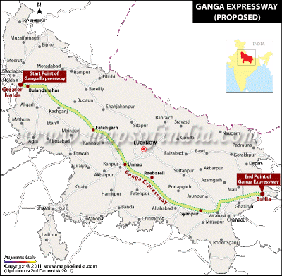 The map of Uttar Pradesh with the start and end point of Ganga Expressway =