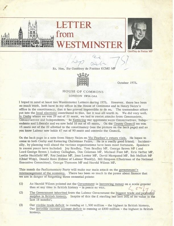 Geoffrey de Freitas A look back at Sir Geoffrey de Freitas MPs 1973 Letter from