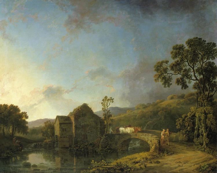 George Barret Sr. River Scene with Watermill Figures and Cows George Barret Senior