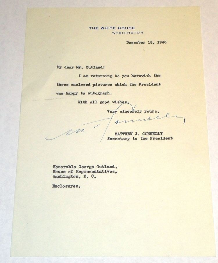 George E. Outland Letter to Congressman George E Outland on a The White House