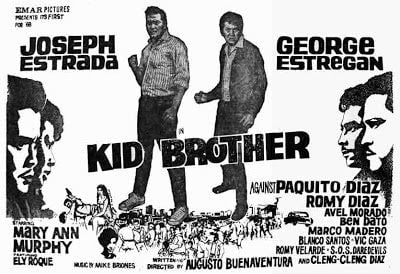 Poster of "Kid Brother", a 1968 Filipino action movie starring George Estregan, Joseph Estrada, Paquito Diaz, and Romy Diaz.