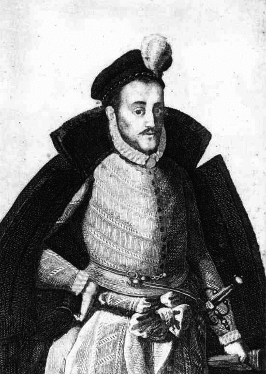 George I, Landgrave of Hesse-Darmstadt with a mustache while wearing a cap with feather, cape, long sleeves, and belt with sword