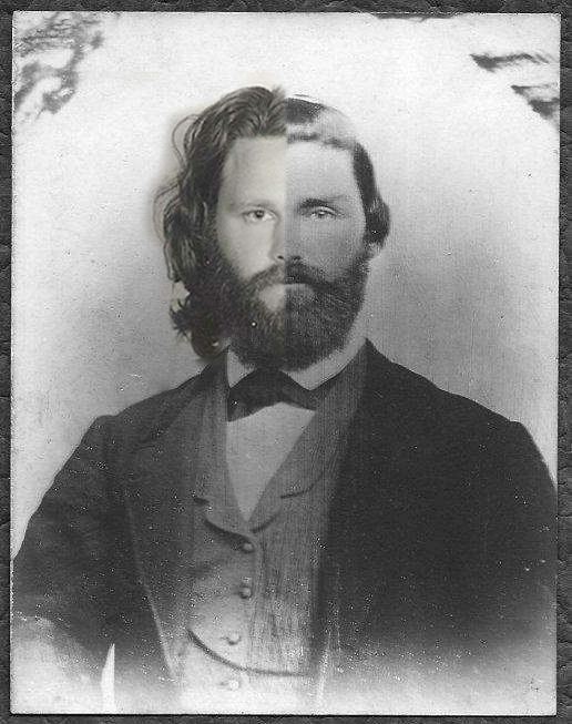 Portrait of Jim Morrison and on the other half is his great-great-grandfather wearing a coat, vest, long sleeves, and bow tie