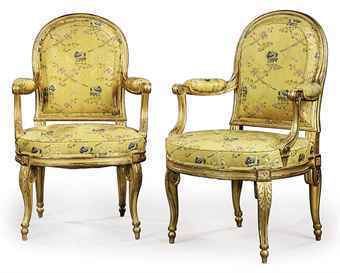 Georges Jacob A PAIR OF LOUIS XVI GILTWOOD FAUTEUILS ATTRIBUTED TO