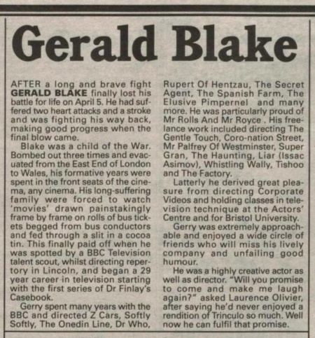 Gerald Blake Gerald Blake obituary The Doctor Who Cuttings Archive
