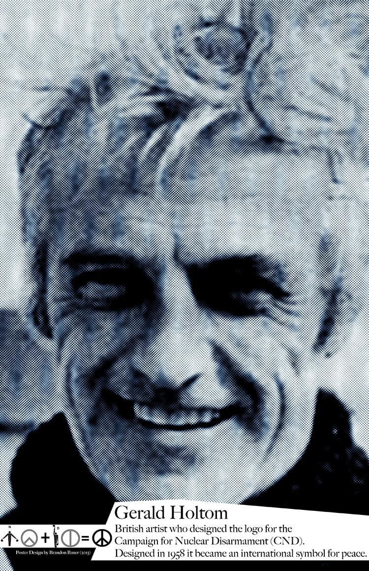 Gerald Holtom smiling in a photograph with a quote below “British artist who designed the logo for the Campaign for Nuclear Disarmament (CND). Designed in 1958 it became an international symbol for peace”, wearing a knitted turtle-neck shirt