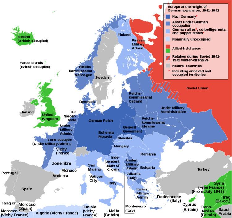 Map of Europe at the height of German military expansion, 1941-1942