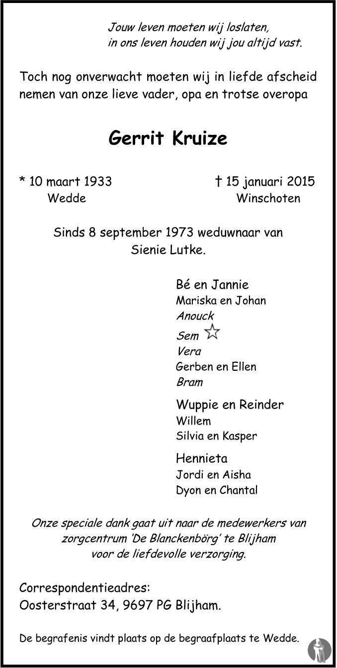 Gerrit Kruize Gerrit Kruize 15012015 overlijdensbericht en condoleances