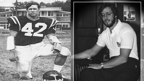 On the left, Gerry Bertier wearing his football uniform. On the right, Gerry Bertier with a serious face, wearing eyeglasses, and a white polo shirt.