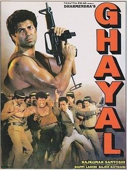 Poster of Ghayal, a 1990 Indian Hindi-language action film featuring Sunny Deol as Ajay Mehra holding a riffle.