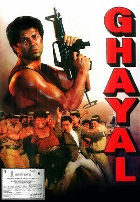 Poster of Ghayal, a 1990 Indian Hindi-language action film featuring Sunny Deol as Ajay Mehra holding a riffle.