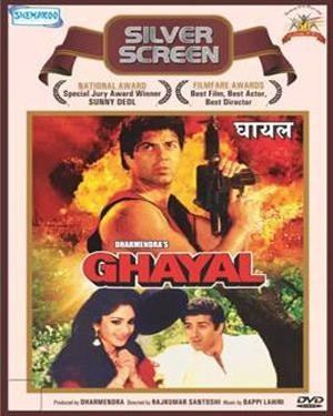 Poster of Ghayal, a 1990 Indian Hindi-language action film directed by Rajkumar Santoshi starring Sunny Deol as Ajay Mehra and Meenakshi Seshadri as Varsha Bharti.