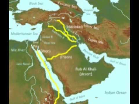 A map showing the location of the four rivers mentioned in the book of Genesis including Gihon, and there is Tigris, Euphrates, and Pishon along the yellow-drawn line.