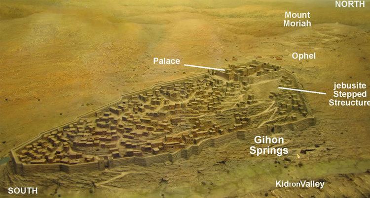 An image where details are labeled on a model of the ancient city of Salem (Jerusalem) or the city David took from the Jebusites to establish as the center of his kingdom as it appeared around 1000 BC. Notice the location of the Gihon Springs.